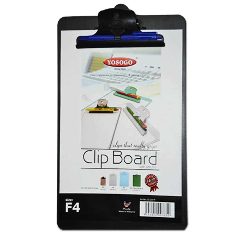 Clip Board PVC Ref 350P A4, Plastic Clip Foolscap: Pen Included Yosogo