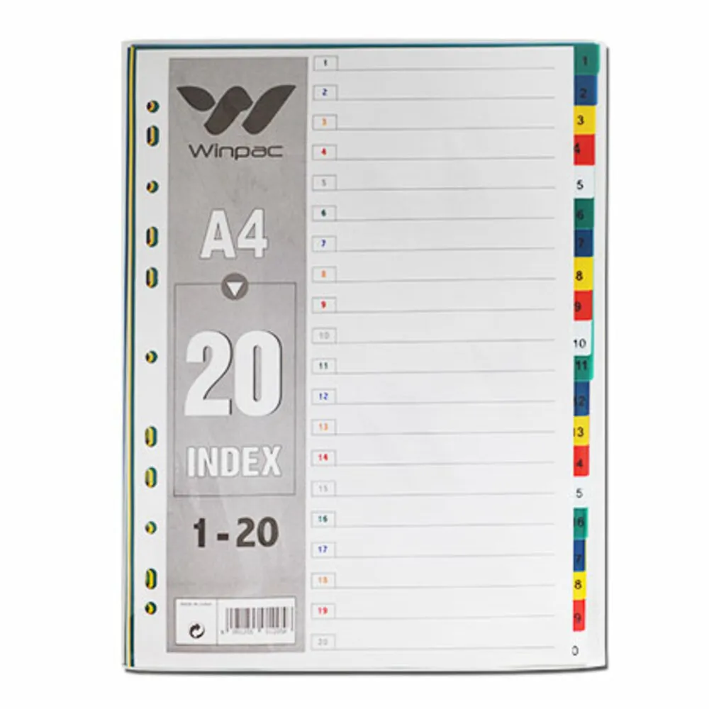 Index Card PP Plastic  A4, 20 Colours Tabs Number Winpac
