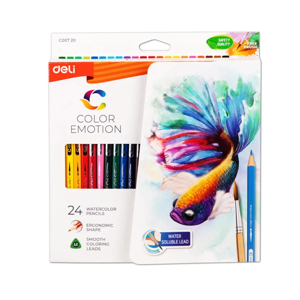 Water Coloured Pencil Ref C00720 24 Colours Ergonomic Shape, Water Soluble Lead Deli