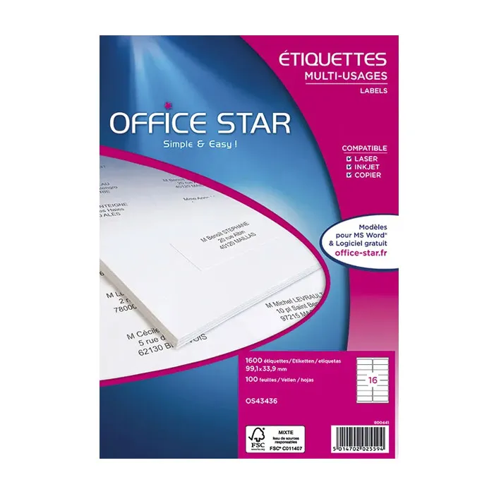 White Labels Ref OS43436 [Pk 100] W99.1*D33.9mm, 16 Label/A4 Sheet Office Star