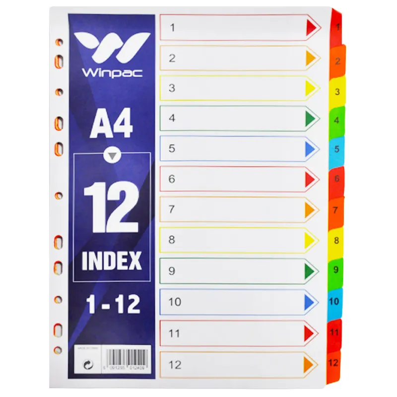 Index Card Bristol  A4, 12 Colours Tabs Number Winpac